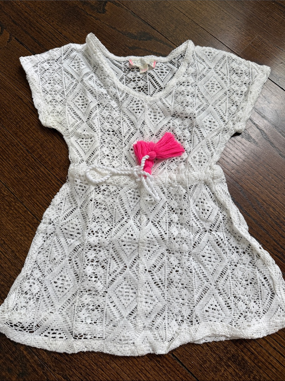 Kids White Crochet Swim Coverup with Pink Tassel Accent